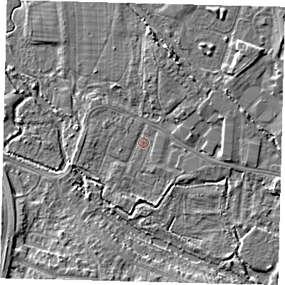 Shaded relief map of the ground around CR44DU, computed from Environment Agency LiDAR. The ground here sits at about 17 m above sea level and falls 8 m across the surrounding 800 m. Surface water reaching this point runs off ground lying to the east-south-east, 4.2 m higher.