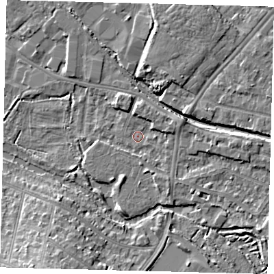 Shaded relief map of the ground around CR44EU, computed from Environment Agency LiDAR. The ground here sits at about 19 m above sea level and falls 12 m across the surrounding 800 m. Surface water reaching this point runs off ground lying to the east-north-east, 3.4 m higher.