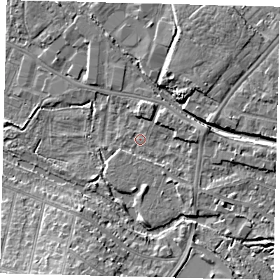 Shaded relief map of the ground around CR44EW, computed from Environment Agency LiDAR. The ground here sits at about 18 m above sea level and falls 11 m across the surrounding 800 m. Surface water reaching this point runs off ground lying to the east, 2.7 m higher.