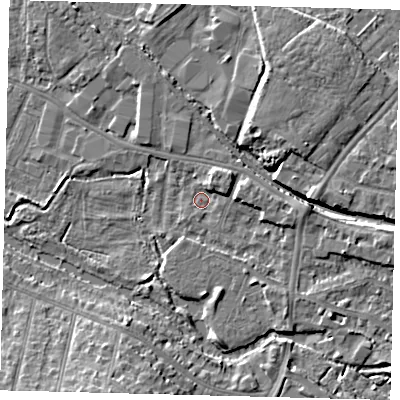 Shaded relief map of the ground around CR44EX, computed from Environment Agency LiDAR. The ground here sits at about 18 m above sea level and falls 10 m across the surrounding 800 m. Surface water reaching this point runs off ground lying to the east-north-east, 2.8 m higher.
