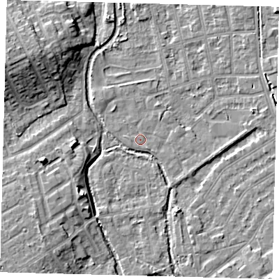 Shaded relief map of the ground around CR44FD, computed from Environment Agency LiDAR. The ground here sits at about 24 m above sea level and falls 11 m across the surrounding 800 m. Surface water reaching this point runs off ground lying to the north-north-east, 0.9 m higher.