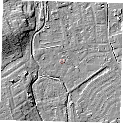 Shaded relief map of the ground around CR44FE, computed from Environment Agency LiDAR. The ground here sits at about 25 m above sea level and falls 10 m across the surrounding 800 m. Surface water reaching this point runs off ground lying to the north-north-east, 0.9 m higher.