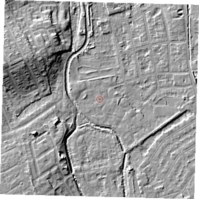 Shaded relief map of the ground around CR44FF, computed from Environment Agency LiDAR. The ground here sits at about 24 m above sea level and falls 11 m across the surrounding 800 m. Surface water reaching this point runs off ground lying to the north-west, 0.6 m higher.