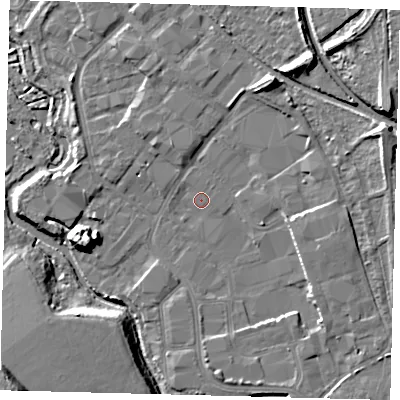 Shaded relief map of the ground around CR44FL, computed from Environment Agency LiDAR. The ground here sits at about 22 m above sea level and falls 15 m across the surrounding 800 m. Surface water reaching this point runs off ground lying to the north-north-east, 6.1 m higher.