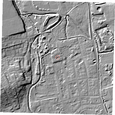 Shaded relief map of the ground around CR44FN, computed from Environment Agency LiDAR. The ground here sits at about 24 m above sea level and falls 12 m across the surrounding 800 m. Surface water reaching this point runs off ground lying to the west-north-west, 1.1 m higher.