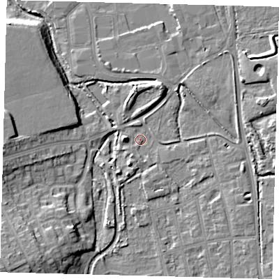 Shaded relief map of the ground around CR44FP, computed from Environment Agency LiDAR. The ground here sits at about 23 m above sea level and falls 14 m across the surrounding 800 m. Surface water reaching this point runs off ground lying to the south-west, 9.4 m higher.