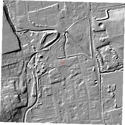 Shaded relief map of the ground around CR44FQ, computed from Environment Agency LiDAR. The ground here sits at about 23 m above sea level and falls 12 m across the surrounding 800 m. Surface water reaching this point runs off ground lying to the east-north-east, 9.7 m higher.