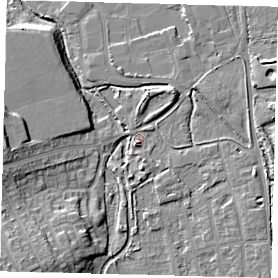 Shaded relief map of the ground around CR44FR, computed from Environment Agency LiDAR. The ground here sits at about 23 m above sea level and falls 14 m across the surrounding 800 m. Surface water reaching this point runs off ground lying to the south-west, 12.3 m higher.