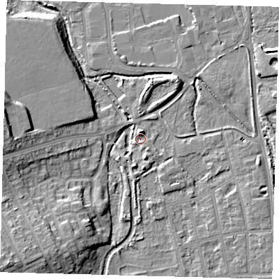 Shaded relief map of the ground around CR44FS, computed from Environment Agency LiDAR. The ground here sits at about 23 m above sea level and falls 14 m across the surrounding 800 m. Surface water reaching this point runs off ground lying to the south-south-west, 9.4 m higher.