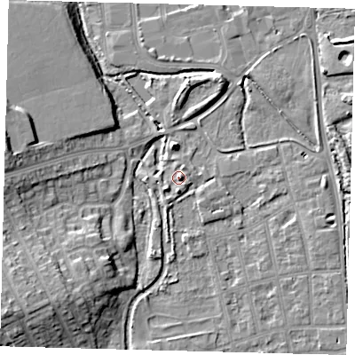 Shaded relief map of the ground around CR44FT, computed from Environment Agency LiDAR. The ground here sits at about 24 m above sea level and falls 14 m across the surrounding 800 m. Surface water reaching this point runs off ground lying to the east-south-east, 3.8 m higher.