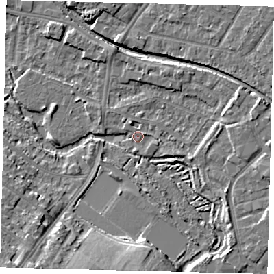 Shaded relief map of the ground around CR44FX, computed from Environment Agency LiDAR. The ground here sits at about 20 m above sea level and falls 16 m across the surrounding 800 m. Surface water reaching this point runs off ground lying to the east-south-east, 2.5 m higher.