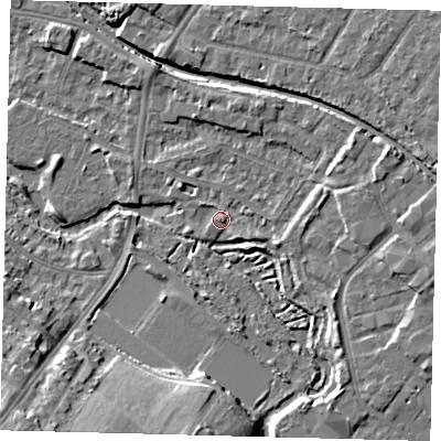 Shaded relief map of the ground around CR44FY, computed from Environment Agency LiDAR. The ground here sits at about 20 m above sea level and falls 16 m across the surrounding 800 m. Surface water reaching this point runs off ground lying to the east-south-east, 2.1 m higher.