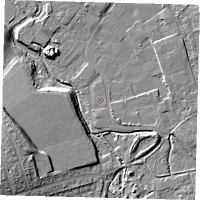 Shaded relief map of the ground around CR44HR, computed from Environment Agency LiDAR. The ground here sits at about 22 m above sea level and falls 18 m across the surrounding 800 m. Surface water reaching this point runs off ground lying to the south, 0.9 m higher.