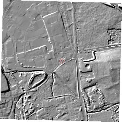 Shaded relief map of the ground around CR44HU, computed from Environment Agency LiDAR. The ground here sits at about 23 m above sea level and falls 12 m across the surrounding 800 m. Surface water reaching this point runs off ground lying to the south-east, 2.3 m higher.