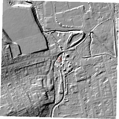 Shaded relief map of the ground around CR44HW, computed from Environment Agency LiDAR. The ground here sits at about 22 m above sea level and falls 15 m across the surrounding 800 m. Surface water reaching this point runs off ground lying to the south-west, 13.0 m higher.
