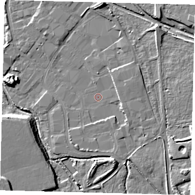 Shaded relief map of the ground around CR44HX, computed from Environment Agency LiDAR. The ground here sits at about 22 m above sea level and falls 11 m across the surrounding 800 m. Surface water reaching this point runs off ground lying to the east-north-east, 3.3 m higher.