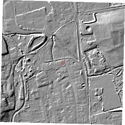 Shaded relief map of the ground around CR44HY, computed from Environment Agency LiDAR. The ground here sits at about 24 m above sea level and falls 12 m across the surrounding 800 m. Surface water reaching this point runs off ground lying to the east-north-east, 10.5 m higher.