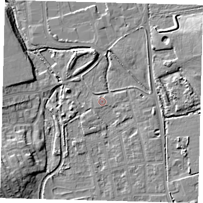 Shaded relief map of the ground around CR44HZ, computed from Environment Agency LiDAR. The ground here sits at about 23 m above sea level and falls 12 m across the surrounding 800 m. Surface water reaching this point runs off ground lying to the south-west, 7.4 m higher.