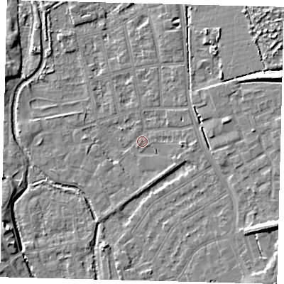 Shaded relief map of the ground around CR44JH, computed from Environment Agency LiDAR. The ground here sits at about 24 m above sea level and falls 11 m across the surrounding 800 m. Surface water reaching this point runs off ground lying to the east, 2.2 m higher.