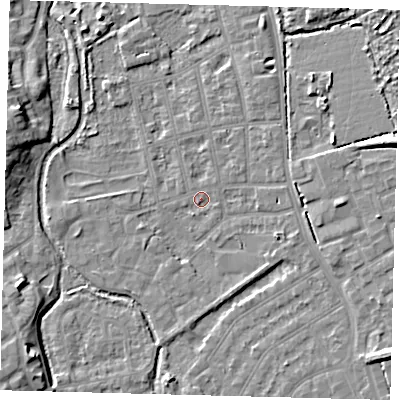 Shaded relief map of the ground around CR44JL, computed from Environment Agency LiDAR. The ground here sits at about 24 m above sea level and falls 9 m across the surrounding 800 m. Surface water reaching this point runs off ground lying to the east, 3.9 m higher.