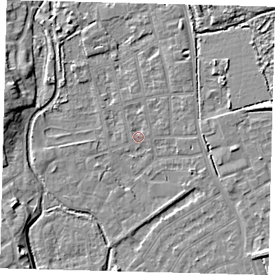 Shaded relief map of the ground around CR44JN, computed from Environment Agency LiDAR. The ground here sits at about 24 m above sea level and falls 9 m across the surrounding 800 m. Surface water reaching this point runs off ground lying to the east, 4.1 m higher.