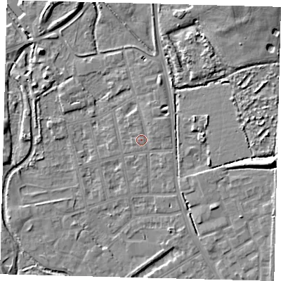 Shaded relief map of the ground around CR44JQ, computed from Environment Agency LiDAR. The ground here sits at about 24 m above sea level and falls 11 m across the surrounding 800 m. Surface water reaching this point runs off ground lying to the south-east, 1.1 m higher.