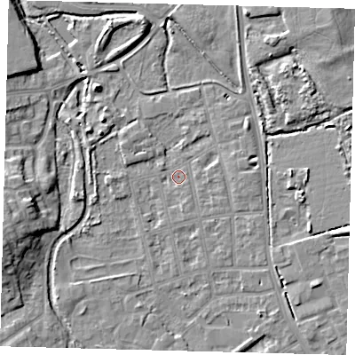 Shaded relief map of the ground around CR44JS, computed from Environment Agency LiDAR. The ground here sits at about 23 m above sea level and falls 11 m across the surrounding 800 m. Surface water reaching this point runs off ground lying to the south-east, 4.7 m higher.