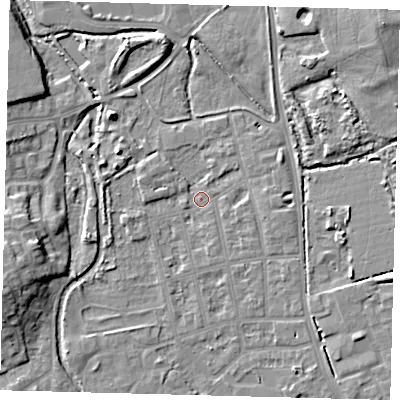 Shaded relief map of the ground around CR44JT, computed from Environment Agency LiDAR. The ground here sits at about 23 m above sea level and falls 12 m across the surrounding 800 m. Surface water reaching this point runs off ground lying to the south-east, 4.7 m higher.