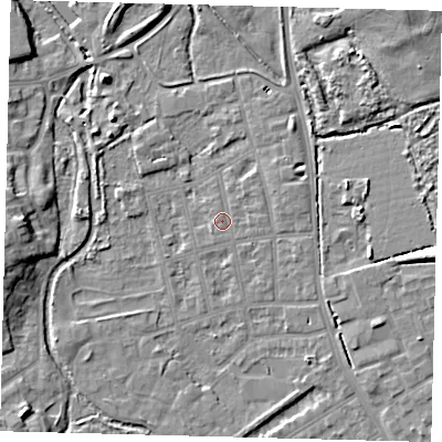 Shaded relief map of the ground around CR44JU, computed from Environment Agency LiDAR. The ground here sits at about 24 m above sea level and falls 10 m across the surrounding 800 m. Surface water reaching this point runs off ground lying to the east-south-east, 1.1 m higher.