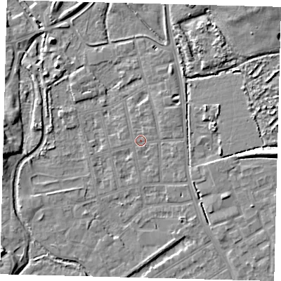 Shaded relief map of the ground around CR44JX, computed from Environment Agency LiDAR. The ground here sits at about 24 m above sea level and falls 11 m across the surrounding 800 m. Surface water reaching this point runs off ground lying to the east, 1.1 m higher.