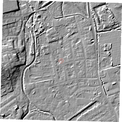 Shaded relief map of the ground around CR44JY, computed from Environment Agency LiDAR. The ground here sits at about 23 m above sea level and falls 11 m across the surrounding 800 m. Surface water reaching this point runs off ground lying to the east-south-east, 4.1 m higher.