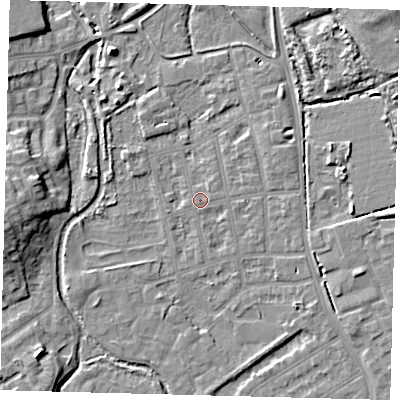 Shaded relief map of the ground around CR44JZ, computed from Environment Agency LiDAR. The ground here sits at about 24 m above sea level and falls 10 m across the surrounding 800 m. Surface water reaching this point runs off ground lying to the east-south-east, 4.1 m higher.