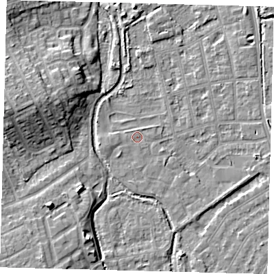 Shaded relief map of the ground around CR44LT, computed from Environment Agency LiDAR. The ground here sits at about 24 m above sea level and falls 12 m across the surrounding 800 m. Surface water reaching this point runs off ground lying to the west, 0.6 m higher.