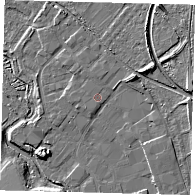 Shaded relief map of the ground around CR44NA, computed from Environment Agency LiDAR. The ground here sits at about 23 m above sea level and falls 12 m across the surrounding 800 m. Surface water reaching this point runs off ground lying to the south-south-west, 0.6 m higher.