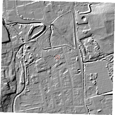 Shaded relief map of the ground around CR44NP, computed from Environment Agency LiDAR. The ground here sits at about 24 m above sea level and falls 12 m across the surrounding 800 m. Surface water reaching this point runs off ground lying to the west-south-west, 1.9 m higher.