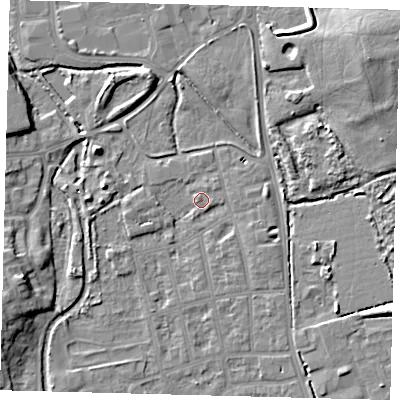 Shaded relief map of the ground around CR44NW, computed from Environment Agency LiDAR. The ground here sits at about 24 m above sea level and falls 12 m across the surrounding 800 m. Surface water reaching this point runs off ground lying to the west, 1.9 m higher.