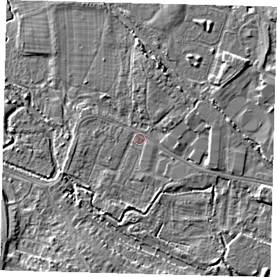 Shaded relief map of the ground around CR44RT, computed from Environment Agency LiDAR. The ground here sits at about 18 m above sea level and falls 8 m across the surrounding 800 m. Surface water reaching this point runs off ground lying to the north-north-east, 3.3 m higher.