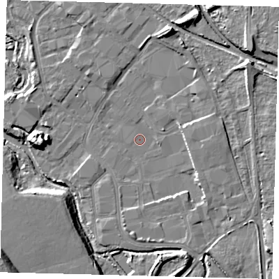 Shaded relief map of the ground around CR44TQ, computed from Environment Agency LiDAR. The ground here sits at about 22 m above sea level and falls 15 m across the surrounding 800 m. Surface water reaching this point runs off ground lying to the north-north-east, 5.7 m higher.