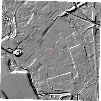 Shaded relief map of the ground around CR44TU, computed from Environment Agency LiDAR. The ground here sits at about 22 m above sea level and falls 16 m across the surrounding 800 m. Surface water reaching this point runs off ground lying to the north-north-east, 0.7 m higher.