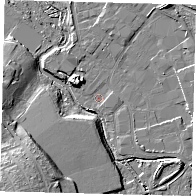 Shaded relief map of the ground around CR44UY, computed from Environment Agency LiDAR. The ground here sits at about 21 m above sea level and falls 18 m across the surrounding 800 m. Surface water reaching this point runs off ground lying to the north-east, 6.1 m higher.