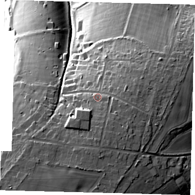 Shaded relief map of the ground around CR53LX, computed from Environment Agency LiDAR. The ground here sits at about 157 m above sea level and falls 49 m across the surrounding 800 m. Surface water reaching this point runs off ground lying to the south-west, 4.2 m higher.