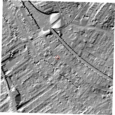 Shaded relief map of the ground around CR77AG, computed from Environment Agency LiDAR. The ground here sits at about 47 m above sea level and falls 21 m across the surrounding 800 m. Surface water reaching this point runs off ground lying to the east-north-east, 2.3 m higher.