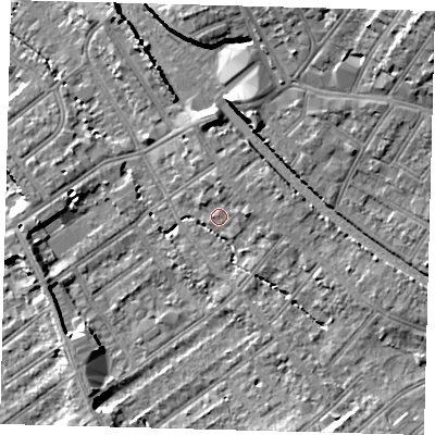 Shaded relief map of the ground around CR77AH, computed from Environment Agency LiDAR. The ground here sits at about 45 m above sea level and falls 20 m across the surrounding 800 m. Surface water reaching this point runs off ground lying to the east-north-east, 3.3 m higher.