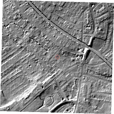 Shaded relief map of the ground around CR77AL, computed from Environment Agency LiDAR. The ground here sits at about 46 m above sea level and falls 12 m across the surrounding 800 m. Surface water reaching this point runs off ground lying to the east-north-east, 6.5 m higher.