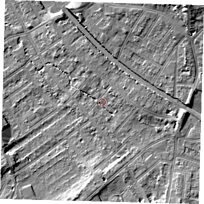 Shaded relief map of the ground around CR77AP, computed from Environment Agency LiDAR. The ground here sits at about 45 m above sea level and falls 15 m across the surrounding 800 m. Surface water reaching this point runs off ground lying to the east-south-east, 6.4 m higher.