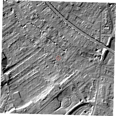 Shaded relief map of the ground around CR77AY, computed from Environment Agency LiDAR. The ground here sits at about 46 m above sea level and falls 10 m across the surrounding 800 m. Surface water reaching this point runs off ground lying to the east, 4.9 m higher.