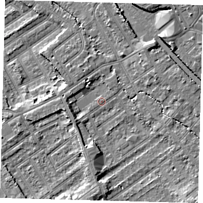 Shaded relief map of the ground around CR77BA, computed from Environment Agency LiDAR. The ground here sits at about 44 m above sea level and falls 11 m across the surrounding 800 m. Surface water reaching this point runs off ground lying to the south, 5.2 m higher.