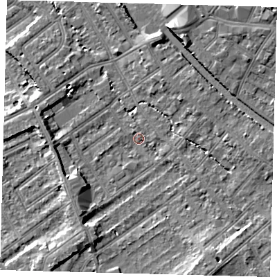Shaded relief map of the ground around CR77BL, computed from Environment Agency LiDAR. The ground here sits at about 44 m above sea level and falls 12 m across the surrounding 800 m. Surface water reaching this point runs off ground lying to the south-south-east, 5.8 m higher.