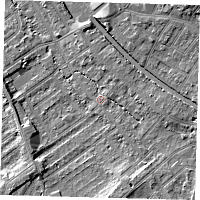 Shaded relief map of the ground around CR77BN, computed from Environment Agency LiDAR. The ground here sits at about 45 m above sea level and falls 15 m across the surrounding 800 m. Surface water reaching this point runs off ground lying to the east-south-east, 1.2 m higher.