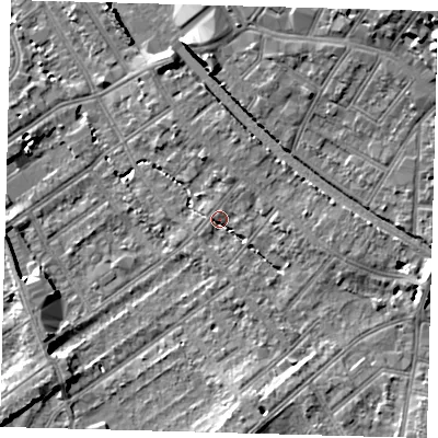 Shaded relief map of the ground around CR77BP, computed from Environment Agency LiDAR. The ground here sits at about 46 m above sea level and falls 17 m across the surrounding 800 m. Surface water reaching this point runs off ground lying to the east-south-east, 6.6 m higher.